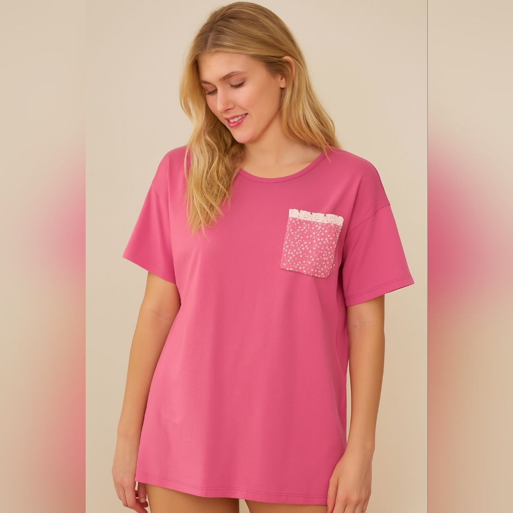 NWOT Berkley Jensen Vibrant Pink Lounge Tee with Patterned Pocket